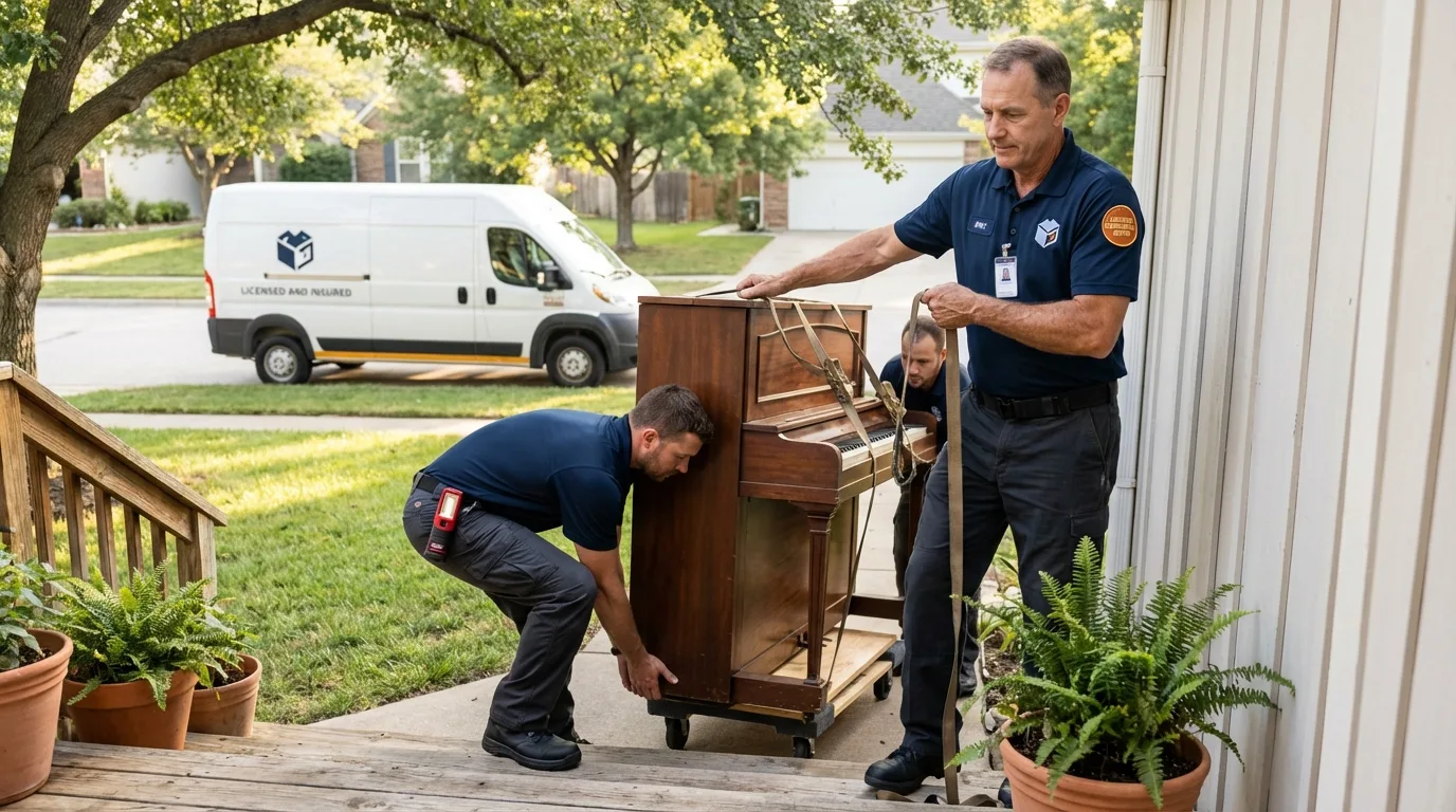Licensed piano movers securing grand piano in Rockaway Beach, OR