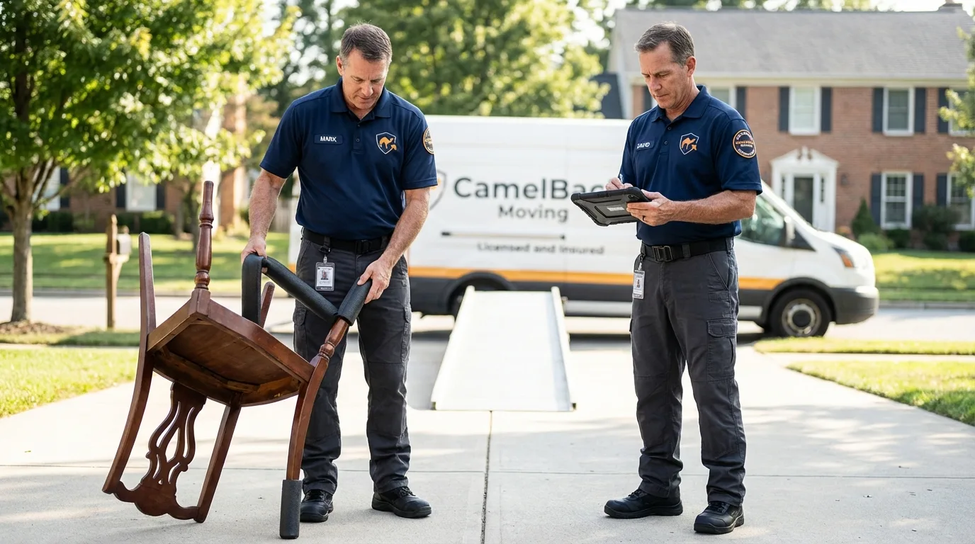 Movers inspecting furniture for damage prevention before loading in Rockaway Beach, OR