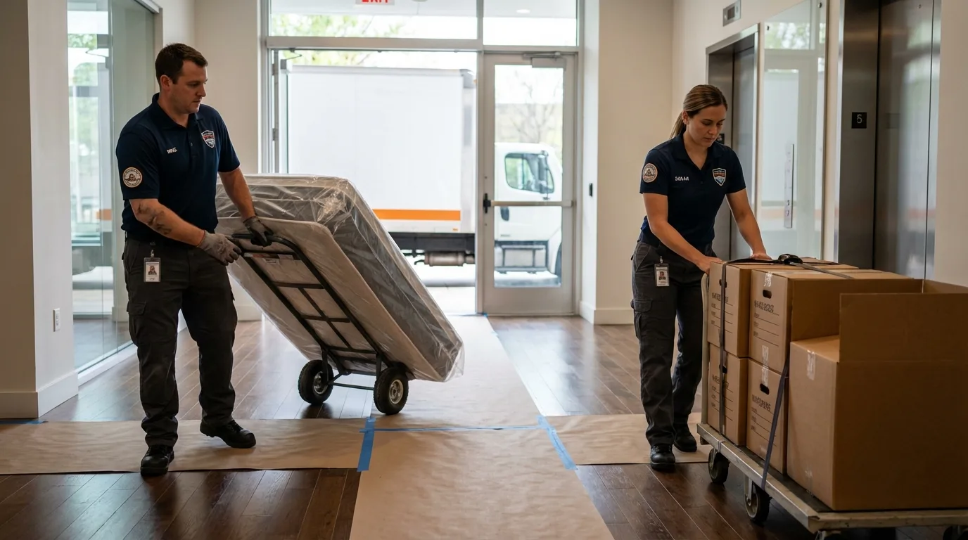 Professional apartment movers loading elevator in Rockaway Beach, OR
